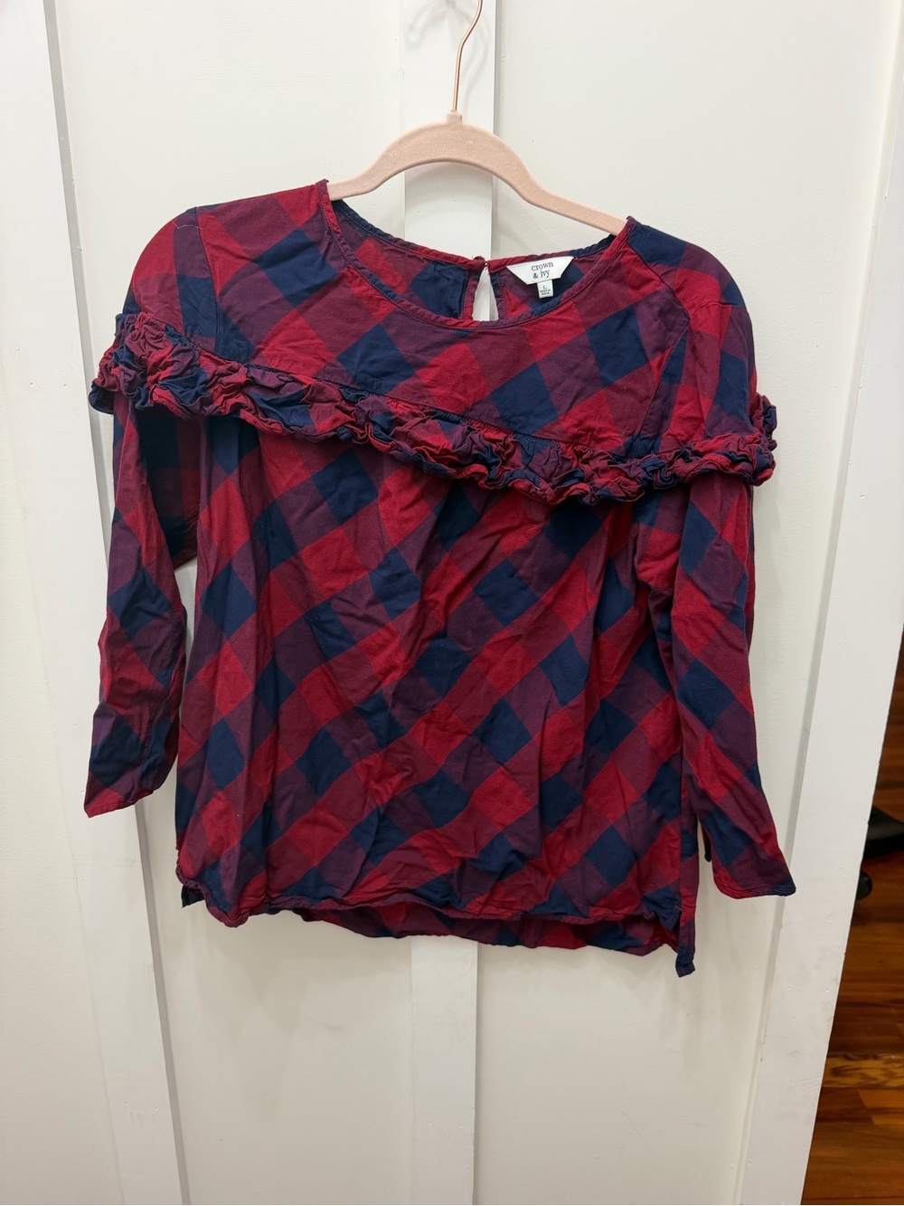 Crown & Ivy Red & Navy Plaid Ruffle Top